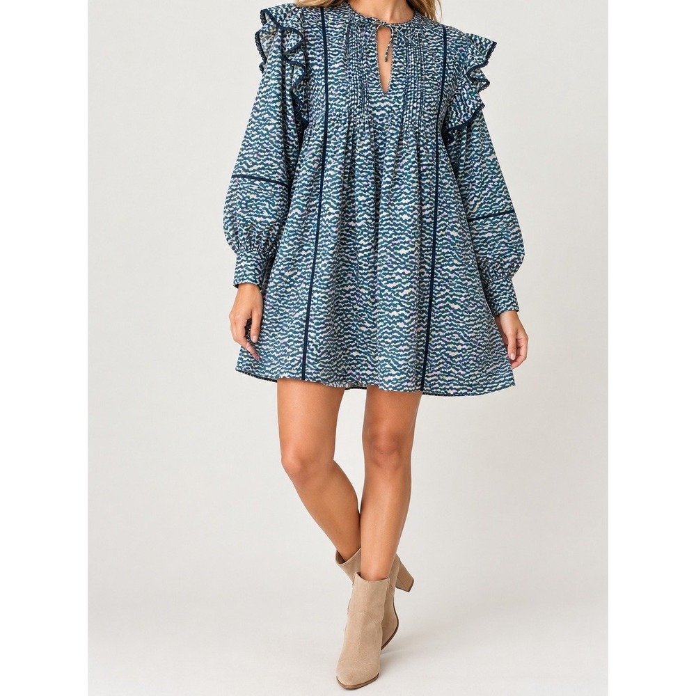 Oliphant Madison Dress M Jag Navy Cotton Ruffle Pintuck Mini $368